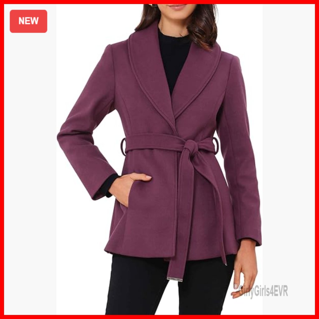 Women's Pea Coat With Belt, Lapel Collar, One Button, Polyester, Regular Fit
